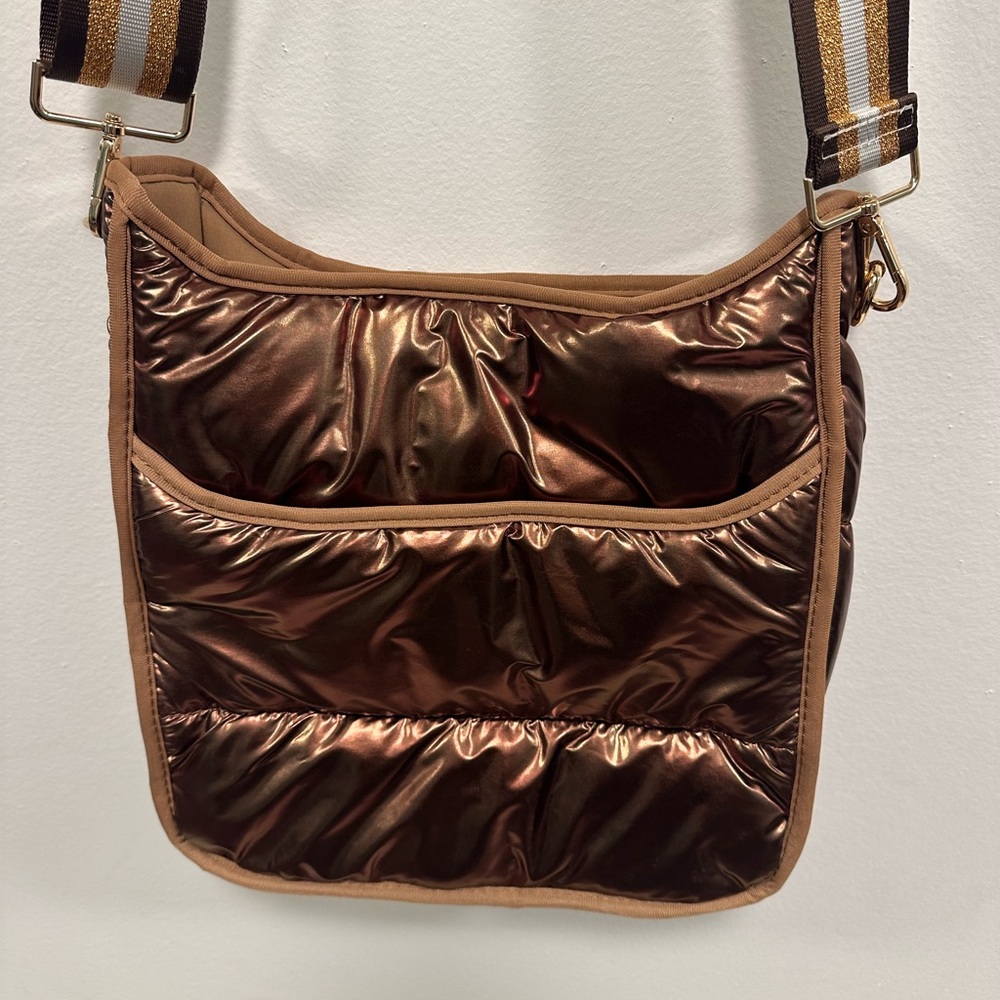 Ahdorned liquid bronze puffe Metallic Brown Crossbody Bag Striped Shoulder Strap - Picture 4 of 9